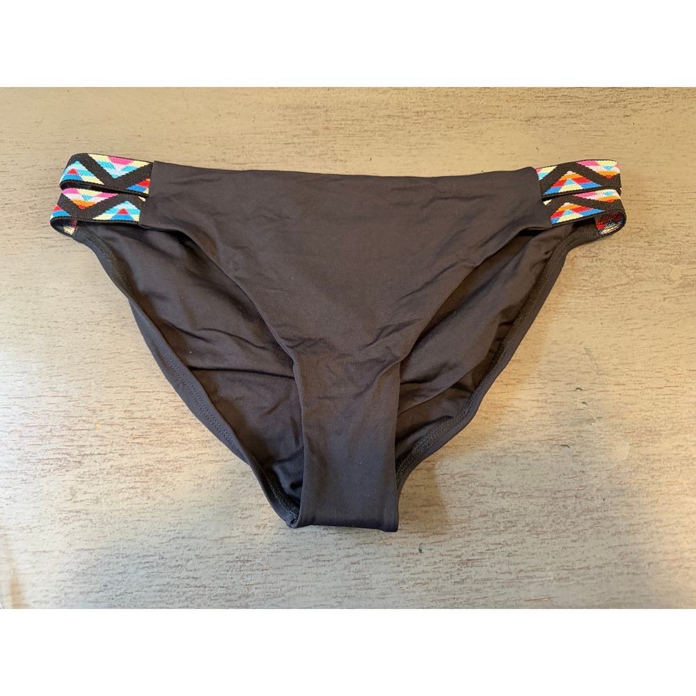 L*Space Black Full Cut Bikini Bottom Multi Color Embroidered Straps Large NWOT